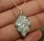 Jade green leaf glass clay pendant on sterling silver chain | Kiln Jewels KJBWKS22